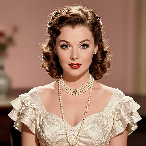 Vintage-style photograph of a fair-skinned woman with curly brown hair, red lipstick, wearing a white floral dress and pearl necklace.