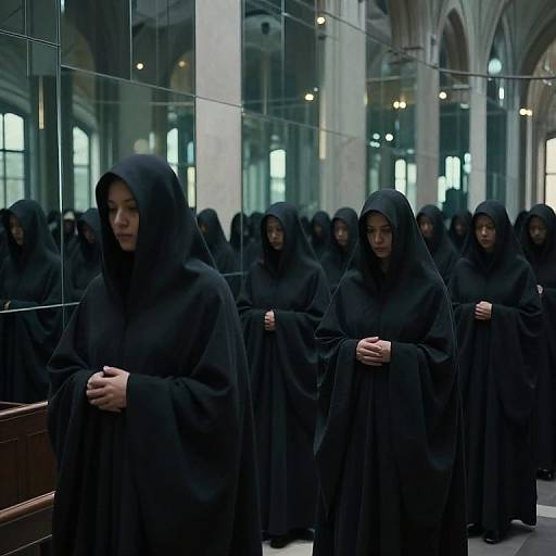 Photograph of a group of solemn women in black niqabs standing in a reflective glass hallway with Gothic arches in the background.