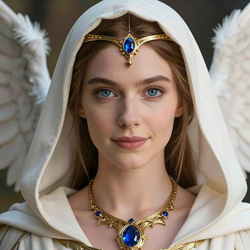 Fantasy Woman in White Hooded Cloak with Blue Gem Jewelry