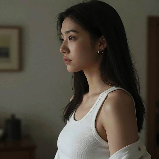 Photograph of an Asian woman with long black hair, wearing a white tank top, hoop earrings, in a dimly lit room.