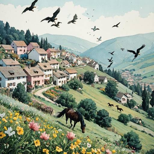 Pastel hillside village with flying creatures