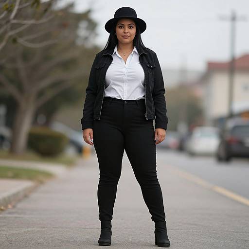 Photograph of a confident woman with dark skin, black hat, white shirt, black jacket, and pants, standing on a suburban street.