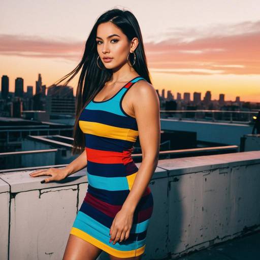 Woman in Colorful Striped Dress on Rooftop at Sunset