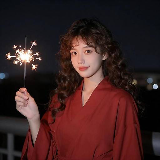 Young Woman Holding Sparkler at Night