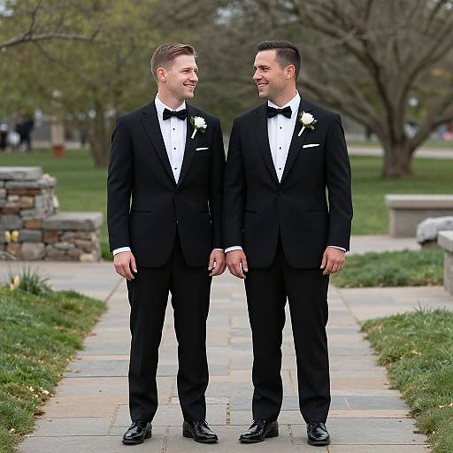 Photograph of two smiling, tall, Caucasian men in black tuxedos with white bow ties and boutonnieres, standing outdoors on a stone