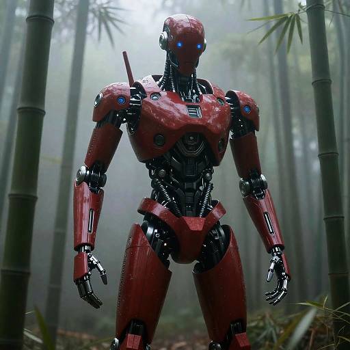 Crimson Mechanoid in Foggy Bamboo Forest