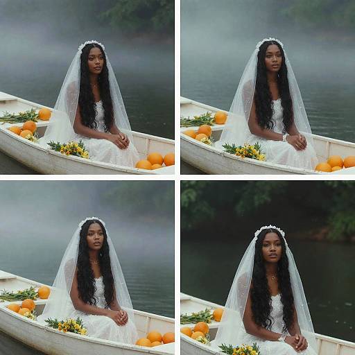 Photograph of an elegant South Asian bride with long black hair, wearing a white lace dress and veil, seated in a boat filled with oranges, against