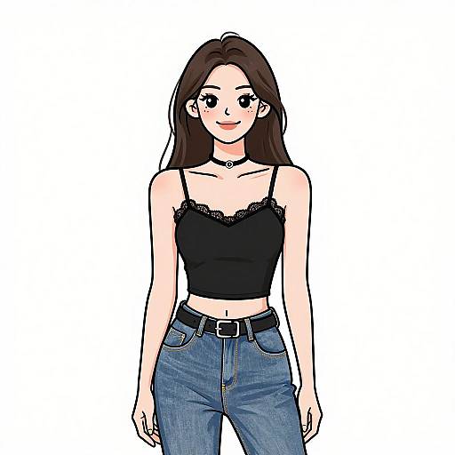 Digital drawing of a smiling young woman with long brown hair, wearing a black lace-trimmed crop top and blue jeans, standing against a white background