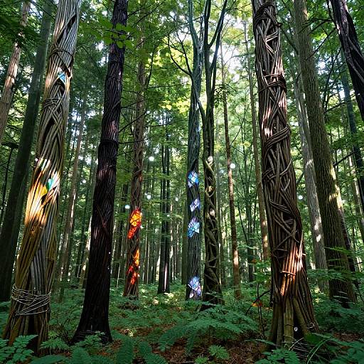 Photograph of a dense forest with tall trees wrapped in colorful lights; yellow, red, blue, and orange illuminate the greenery.