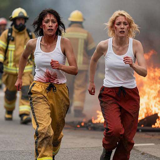 Two Women Fleeing a Raging Fire