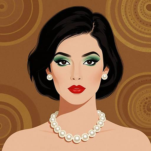 Digital illustration of a fair-skinned woman with black bob hair, green eyeshadow, red lipstick, pearl necklace, and earrings, against a brown