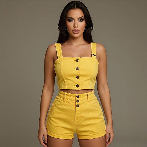 Photograph of a young woman with long black hair, wearing a bright yellow button-up crop top and high-waisted shorts, standing against a plain