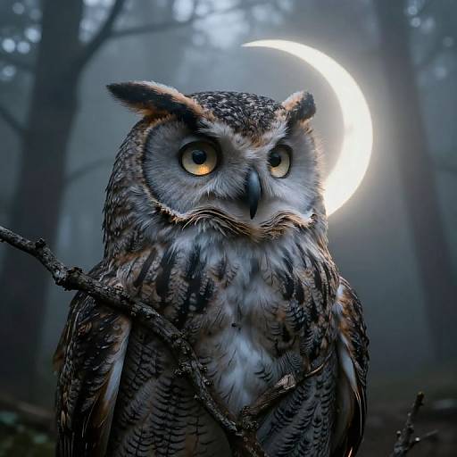 Photorealistic digital illustration of a detailed owl with intense yellow eyes perched on a branch, illuminated by a crescent moon in a misty forest