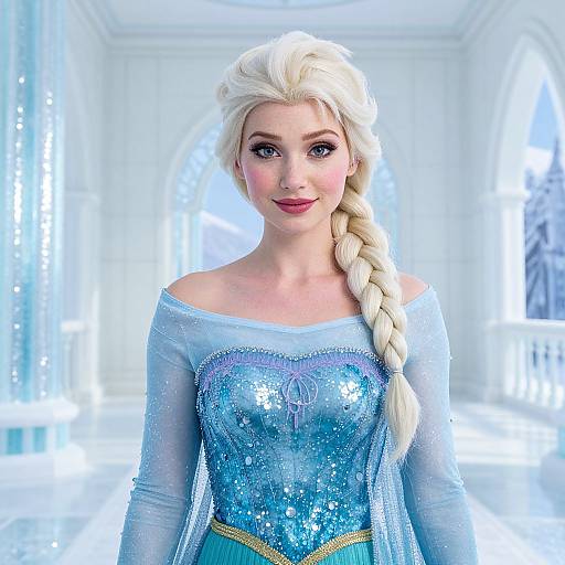 Digital portrait of Elsa from Frozen, featuring a blonde braid, sparkling blue dress, and fair skin, standing in an icy, illuminated room.
