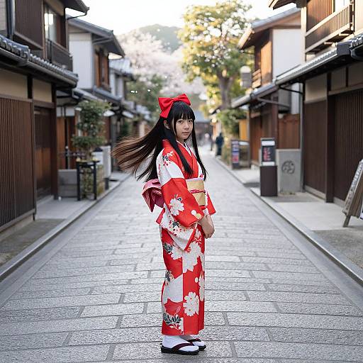 Photograph of an Asian woman in a red and white floral kimono, black hair with red bow, standing on a traditional Japanese street.