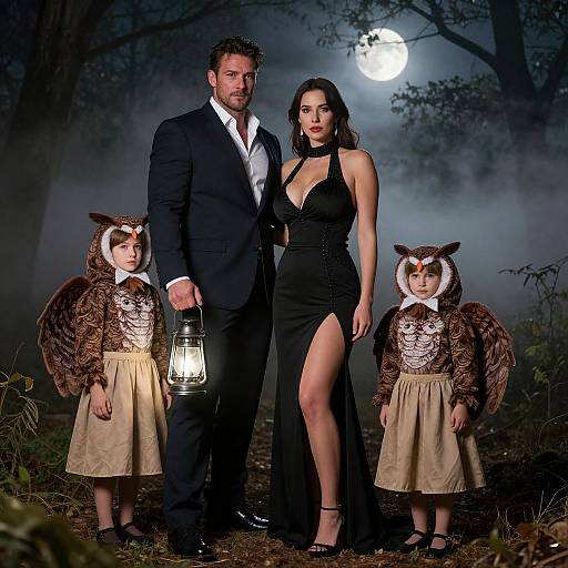 Photograph of a dark-forested night scene with a bearded man in a suit, a woman in a black dress and high slit, and