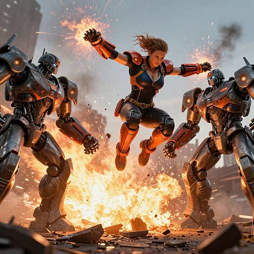 Dynamic CGI battle scene: Female superhero in black armor leaps above explosion, fists glowing, surrounded by three robotic enemies. Bright orange flames, broken debris,