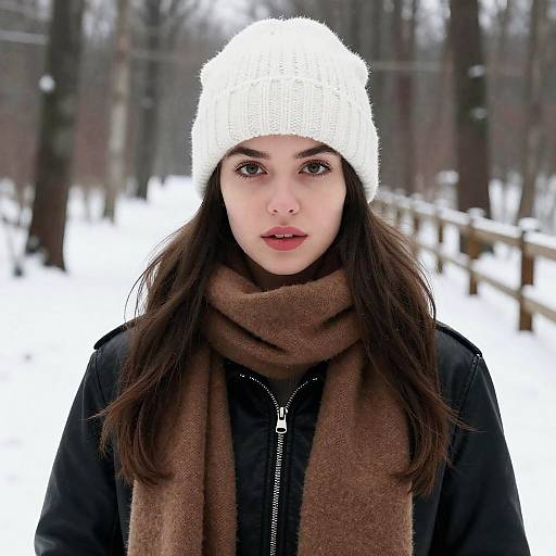 Chic Woman in Snowy Forest Scene