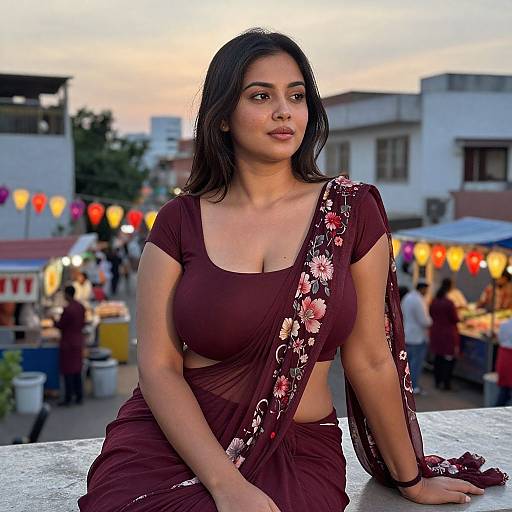 Photograph of a beautiful South Asian woman with medium skin tone, dark hair, and large breasts, wearing a maroon floral saree, sitting outdoors