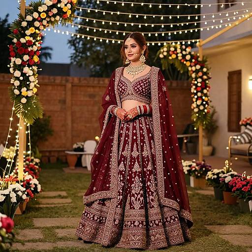 Photograph of a South Asian bride in an ornate maroon lehenga with gold embroidery, standing in a twilight garden adorned with string lights and floral