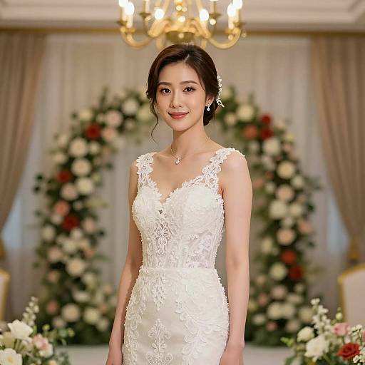 Asian Bride in White Lace Wedding Dress