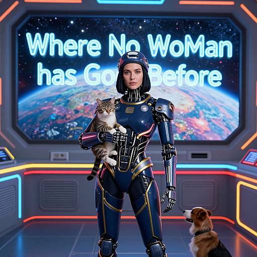 Photorealistic CGI: Female cyborg in futuristic spaceship, holding cat, blue armor, neon lights, 