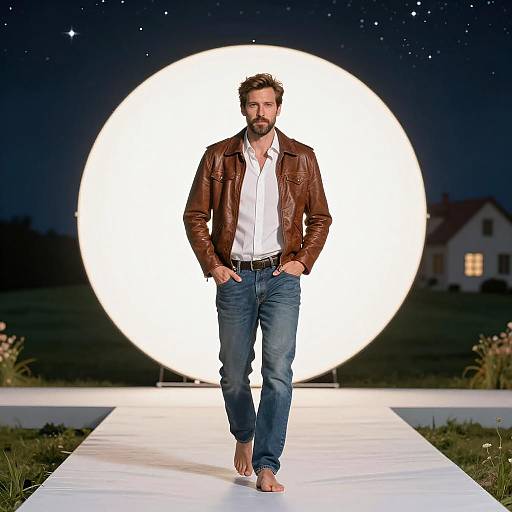 Man in Leather Jacket on White Platform