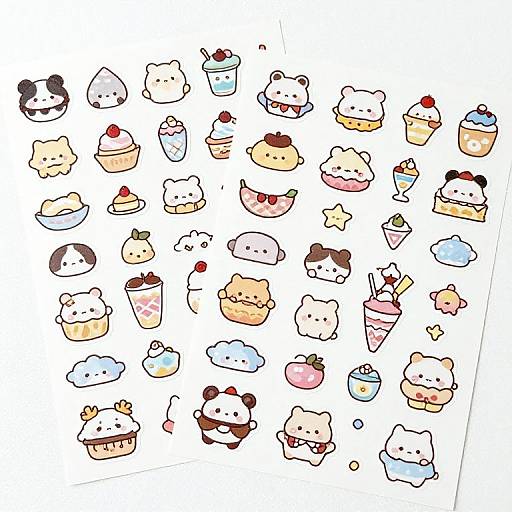 Cute, colorful digital illustration of various chibi-style desserts and animals, including cupcakes, ice cream, and bears, arranged randomly on a white background