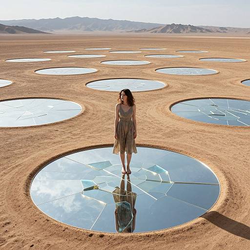 Photograph of a woman in a flowing dress standing on a circular reflective pond in a vast, arid desert landscape with scattered circular pools. Mountains in