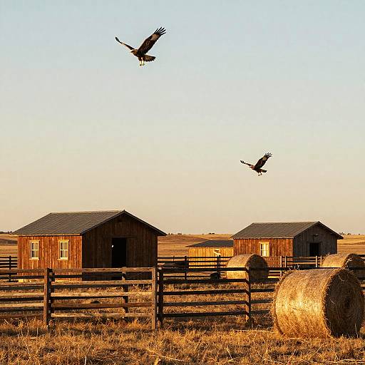 Photograph of rural farm scene: two blackbirds flying above, wooden barns, fenced pasture, hay bales, golden grass, clear blue sky