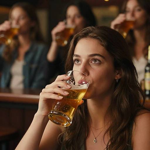 Photograph of a young woman with long dark hair, drinking a glass of beer, with three blurred women in the background also drinking. Warm bar lighting