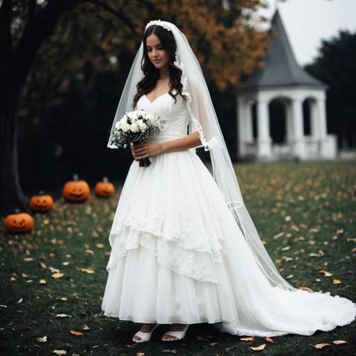 Bride in Wedding Dress with Halloween Pumpkins