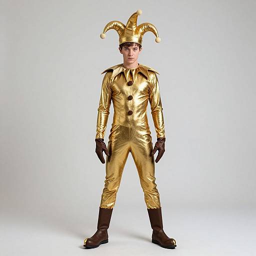 Photograph of a young man in a shiny gold jester costume with black gloves, boots, and pointed hat, standing against a plain white background.