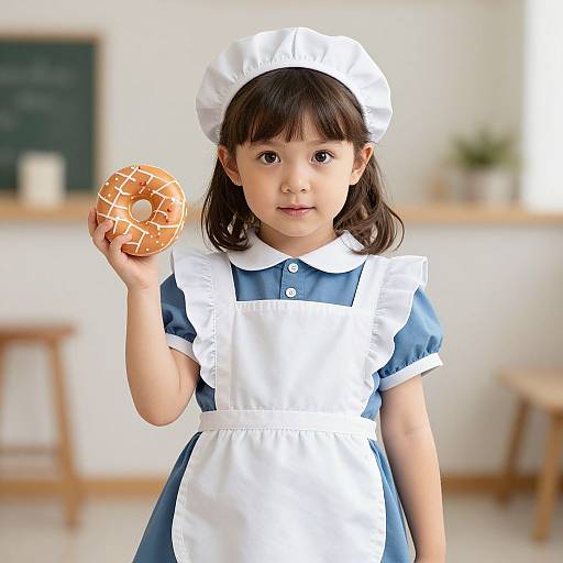 Photograph of a cute Asian girl in a blue and white maid outfit, holding a glazed donut, standing in a bright kitchen.