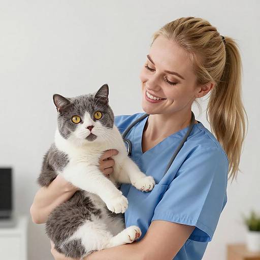 Smiling Woman in Scrubs with Cat
