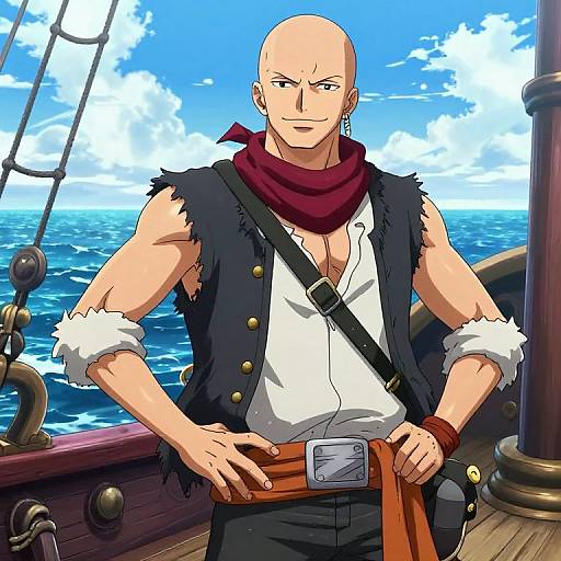 Muscular bald man with scar, red scarf, black vest, white shirt, pirate ship background, blue ocean, sunny sky, anime-style.