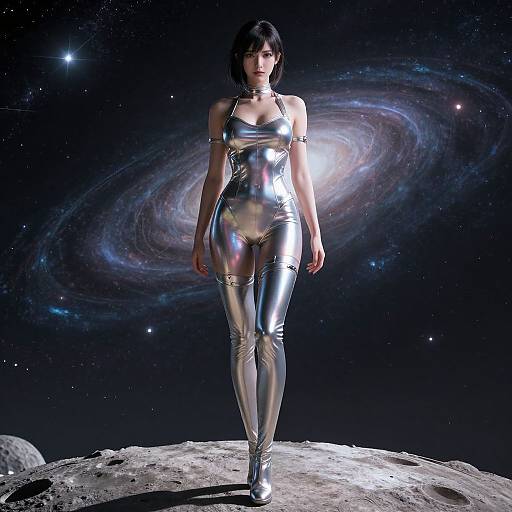Photorealistic CGI of an Asian woman in shiny silver space-themed bodysuit and boots, standing on a rocky planet with a spiral galaxy background.