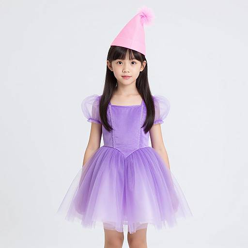 Digital photograph of an Asian girl with long black hair, wearing a pink party hat and a lavender tulle dress with puffed sleeves, standing against a