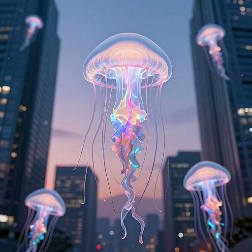 Photograph of glowing jellyfish with colorful tentacles floating in a cityscape at dusk, surrounded by illuminated skyscrapers.
