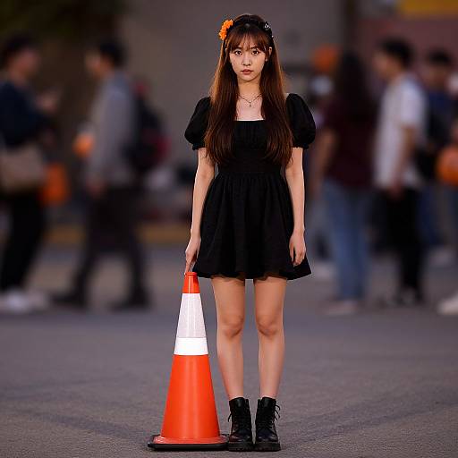 Photograph of a young Asian woman with long brown hair, black dress, and orange hair clip, standing on a street holding an orange and white traffic