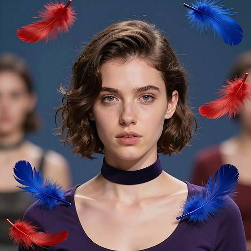 Focused Woman Surrounded by Feathers