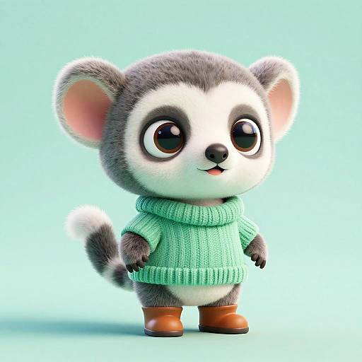 Cute, chibi-style digital 3D rendering of a gray and white raccoon with large eyes, wearing a green sweater and brown boots,