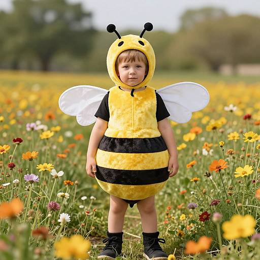 Photograph of a young boy in a yellow and black bee costume with white wings, standing in a colorful flower field.