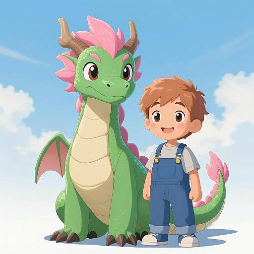 Friendly Green Dragon and Smiling Boy