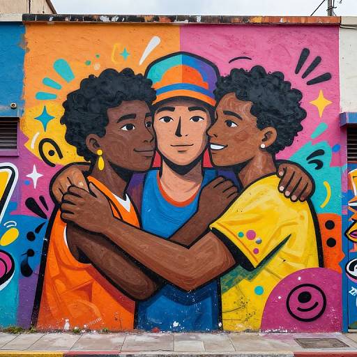 Vibrant mural of three African-American boys with curly hair, embracing and smiling. One wears an orange shirt, another a yellow shirt, and the