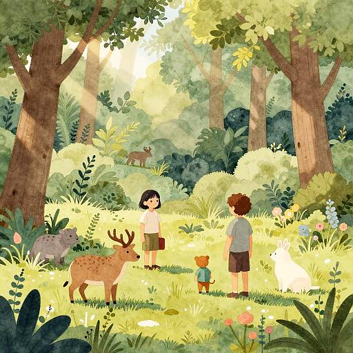 Digital illustration of a sunlit forest with four children, a deer, a rhinoceros, and a deer in the background.