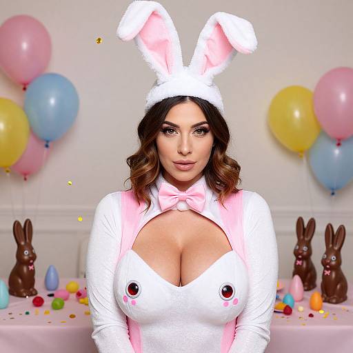 Photograph of a woman with curly brown hair, wearing a white bunny costume with pink bow, large cleavage, white bunny ears, in front of