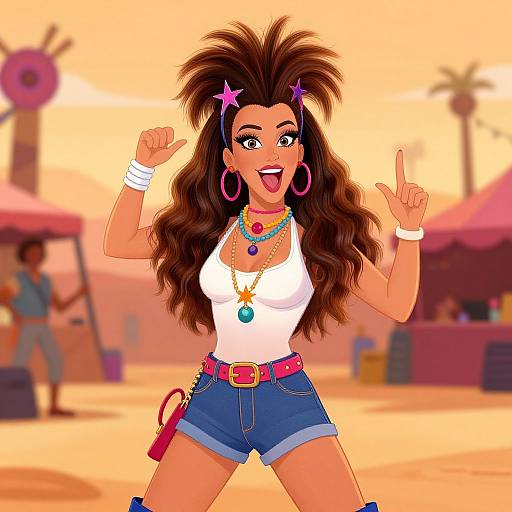 Digital cartoon of a vibrant, tan-skinned woman with voluminous brown hair, wearing a white tank top, blue shorts, jewelry, and star hair