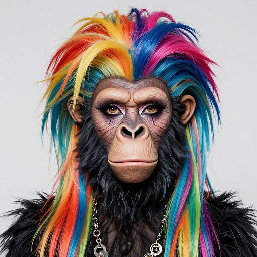 Photorealistic digital artwork of a chimpanzee with a vibrant rainbow mane, black fur, and serious expression, wearing a silver chain against a white background
