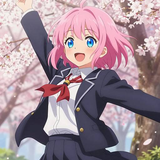 Laughing Anime Girl Under Cherry Blossoms